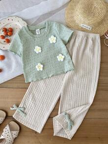 SHEIN LMoss Kids 女童法式优雅3D立体花卉圆领短袖T恤和阔腿裤套装 - 彩色 - 查看 1