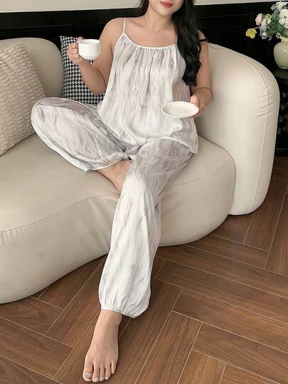 Dazy Plus 2件套加大码女士宽松印花吊带背心和长裤雪纺睡衣套装，春夏款