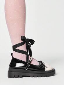 ROMWE Kawaii Women's Fashionable Sweet Bow Decor Lace-Up Flats Valentine's Day - black and white color matching - View 4