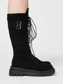 ROMWE Goth 女士搭扣系带黑色中筒靴 情人节 - 黑色布面 - 查看 4