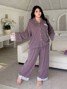 Dazy Plus 2pcs Elegant Purple Contrast Lace Loose Long Sleeve Top And Long Pants Pajama Set, Spring/Summer - Purple - View 7