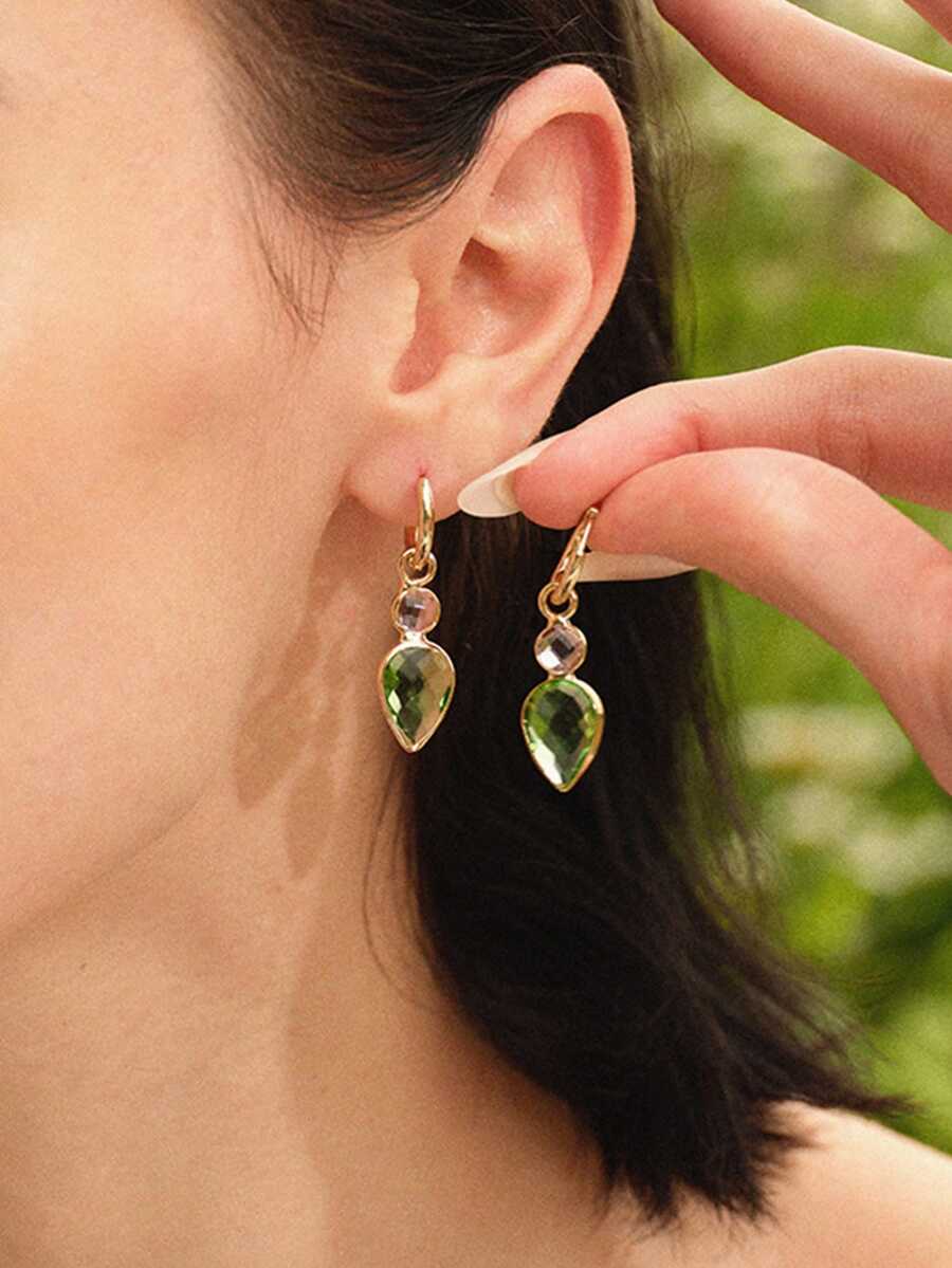Glisma 女士时尚锆石吊坠耳环，适合日常佩戴，搭配各种服饰，复古韵味，金属质感，宝石镶嵌，送给妈妈/女士/女孩/母亲，高端、复古、优雅 - 綠色 - 查看 1