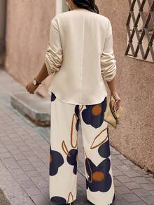Breezaya Conjunto de 2 piezas de camisa y pantalones de talla grande con estampado aleatorio para mujer - Albaricoque - View 2