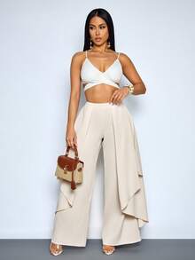 SOLERSUN Women's Elegant Layered Irregular Hem Flowy Low-Waisted Trousers - Apricot - View 7