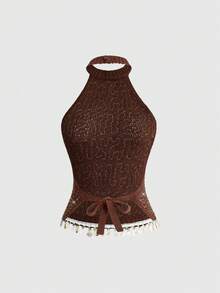 ROMWE Y2K Spring/Summer Beach Vacation Sexy Sequin Halter Backless Crop Top For Women - Brown - View 2
