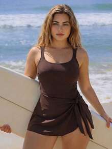 Swim SPRTY Áo tắm liền thân cỡ lớn, màu trơn, buộc dây phía trước, thích hợp cho kỳ nghỉ và đi biển. - Cà phê nâu - Xem 3