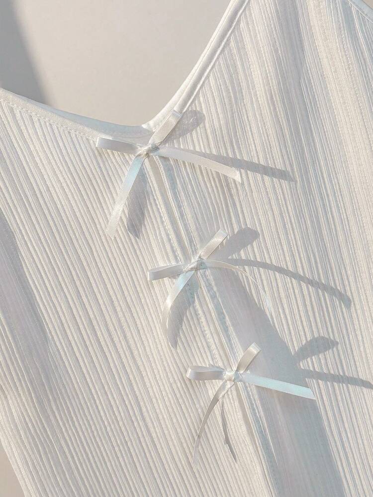 Resyla Camiseta de tirantes de mujer de unicolor y diseño minimalista con lazo decorativo para uso diario - Blanco - Añade 6