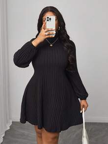 Truni Plus Size Solid Color Stand Collar Long Sleeve Minimalist Short Casual Dress, For Pear Triangle Body Shape - Black - View 7