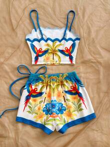 Soleia Women's Palm Tree Print Camisole Top And Tie Waist Skort 2 Pieces Set, Vacation - Multicolor - View 2