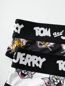 TOM & JERRY X SHEIN Quần lót nữ cỡ lớn, cạp chun in chữ và họa tiết hoạt hình, kiểu dáng thường ngày. - Đen và trắng - Xem 3
