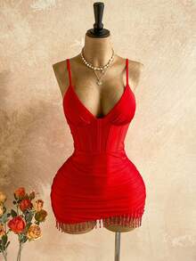 Soleia Women's Vacation Casual Fringe Hem Spaghetti Strap Mini Dress - Cherry Red - View 7