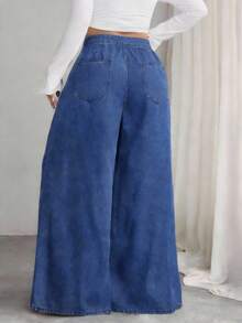 SHEIN EZwear 女士休闲褶皱宽松阔腿牛仔裤，适合日常通勤 - 深色水洗藍 - 查看 3