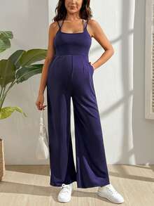 SHEIN Maternity Solid Color Spaghetti Strap Twist Back Jumpsuit - Blue - View 1