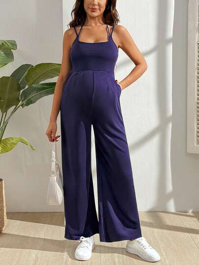 SHEIN Maternity Solid Color Spaghetti Strap Twist Back Jumpsuit
