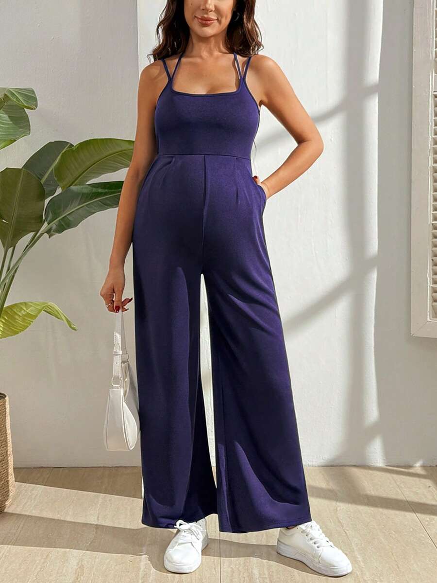 SHEIN Maternity Solid Color Spaghetti Strap Twist Back Jumpsuit - Blue - View 1