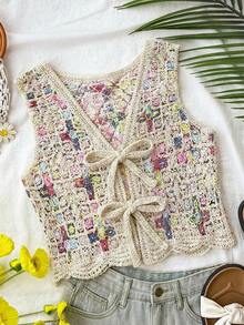 Travachic 女士春夏休闲度假风前系带钩针针织毛衣背心 - 彩色 - 查看 1