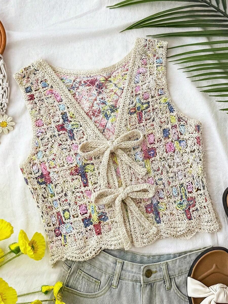 Travachic 女士春夏休闲度假风前系带钩针针织毛衣背心 - 彩色 - 查看 1