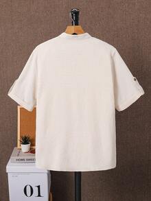 SHEIN Áo sơ mi nam tuổi teen tay ngắn, cài cúc đơn, chất liệu vải mềm mại, thoải mái, phù hợp cho cả đi học, du lịch, nghỉ hè. Áo sơ mi đen, áo tay ngắn đen, áo sơ mi cài cúc đen. - Màu be - Xem 4