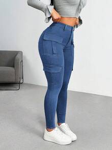 Flirla Celana Jeans Kargo Skinny Wanita Ukuran Plus, Gaya Kasual, Modis, Gaya Jalanan, untuk Perjalanan Sehari-hari, dengan Kantong Lipat. - Biru - View 1
