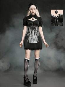 ROMWE Váy ngắn nữ bằng satin ren hình thiên thần Gothic, thánh giá, lâu đài, nhà thờ, gai nhọn, rune mạng, trái tim, ren. - màu đen - Xem 8