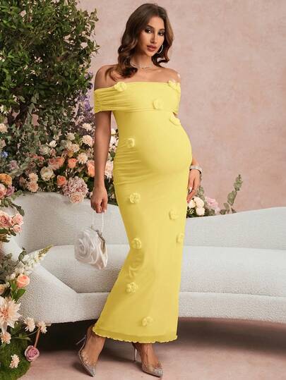 SHEIN Vestido casual de maternidad con hombros descubiertos y decoración floral para uso diario y vacaciones