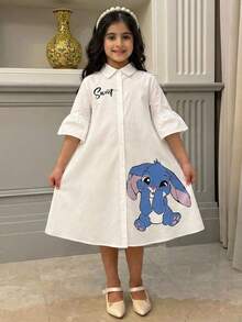 SHEIN Tween Girls' Loose Casual Minimalist Comfortable Collared Dress - Red and White - View 4