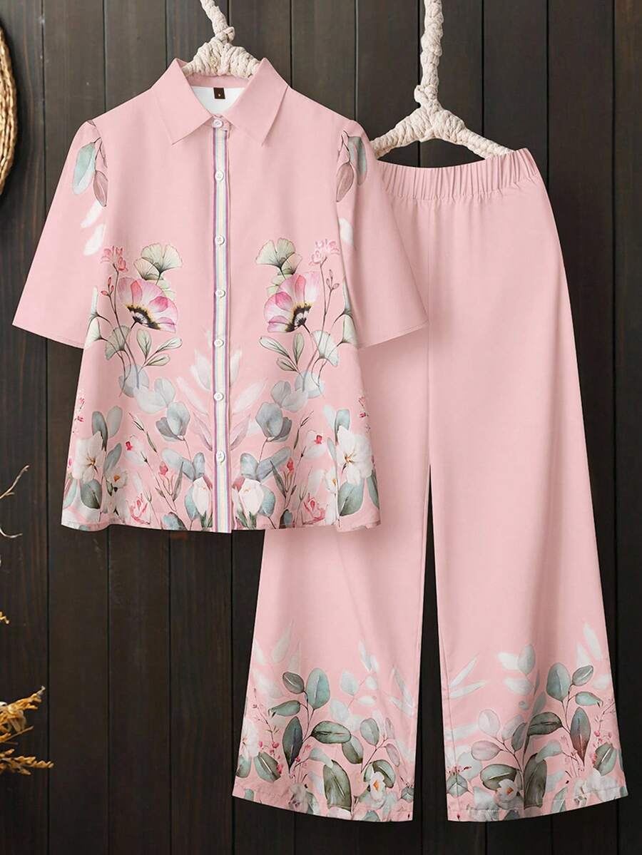 Lacomfia 2pcs Women Casual Button Collar Printed Set - Baby Pink - View 1