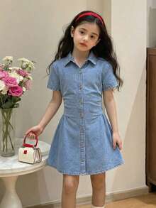 Tween Girl Collared Single-Breasted Pleated Casual Vacation Everyday Denim Dress - Light Wash - View 3