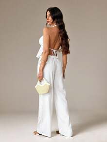 SHEIN Tall 两件套服装，包括系带露背吊带背心和阔腿抽绳裤，适合夜店、度假、海滩、锐舞派对、夏威夷海岛度假等场合。 - 白色 - 查看 2