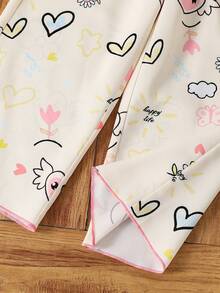 SHEIN Bộ đồ mặc nhà 2 món cho bé gái, gồm áo khoác và quần đan họa tiết trái tim và hoa. - Màu be - Xem 4