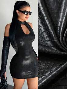 SHEIN SXY Women's Off-Shoulder Long Sleeve Hollow Out Design Fitted Sexy Mini Dress,Carnival Costume,Party ,Black ,Sexy , - Black - View 3