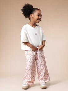 SUMWON Girls Jersey Bow Print T-Shirt And Matching Wide Leg Pants Coordinated Set For Casual Wear - Pink - View 2