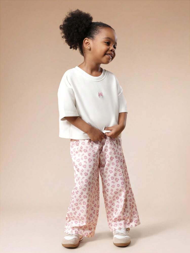 Bow Print T-Shirt With Wide Leg Pants Set