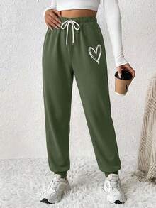 Plus Size Heart Print Drawstring Waist Jogger Pants - Army Green - View 4