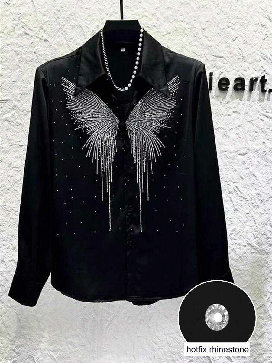 Franclia Exquisite High-End Rhinestone Embellished Butterfly Women's Blouse - Black - View 1