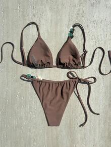 Swim Vcay 新款纯色串珠饰品侧结高衩丁字裤两件套泳衣套装，女士沙滩度假比基尼套装，棕色泳衣，女士棕色比基尼套装，星形比基尼，贝壳比基尼两件套，棕色比基尼套装，泳装度假装，女士比基尼套装 - 棕色 - 查看 2