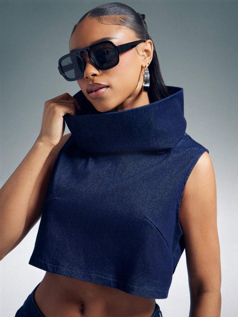 Denimoi High Neck Fold Over Denim Top Sleeveless Crop Top Fashionable Streetwear Cropped Denim Top - Dark Wash - View 1