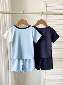 SHEIN 2件套男婴夏季休闲日常通勤字母印花撞色短袖T恤和短裤套装 - 彩色 - 查看 2