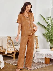 新款女士仿刺绣印花短袖长裤开衫睡衣套装，春夏款 - 彩色 - 查看 4