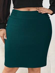 SHEIN Tall CURVE 大码女式夏季休闲/办公通勤纯色高腰褶裥修身铅笔裙 - 綠色 - 查看 4