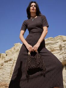 Dazy-Less Women's Western Style Round Neck Short Sleeve Casual Knit Dress - Brown - View 1