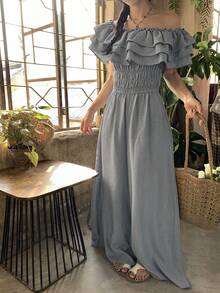 Livesso 女士时尚露肩荷叶边阔腿连体裤 - 灰色 - 查看 6