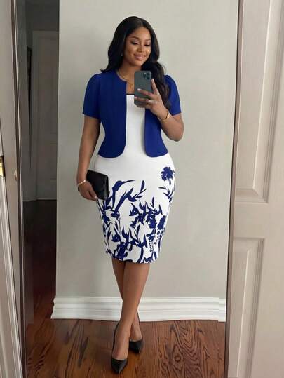 SHEIN Lady CURVE Plus Size Women's Solid Color Short Sleeve Cardigan Top And Floral Print Sleeveless Dress Elegant 2-Piece Set  Summer Spring Summer Outfits For Women  Spring Outfit  Summer Dress Spring Dress  Easter  Easter Dress Women Festival Outfits For Women