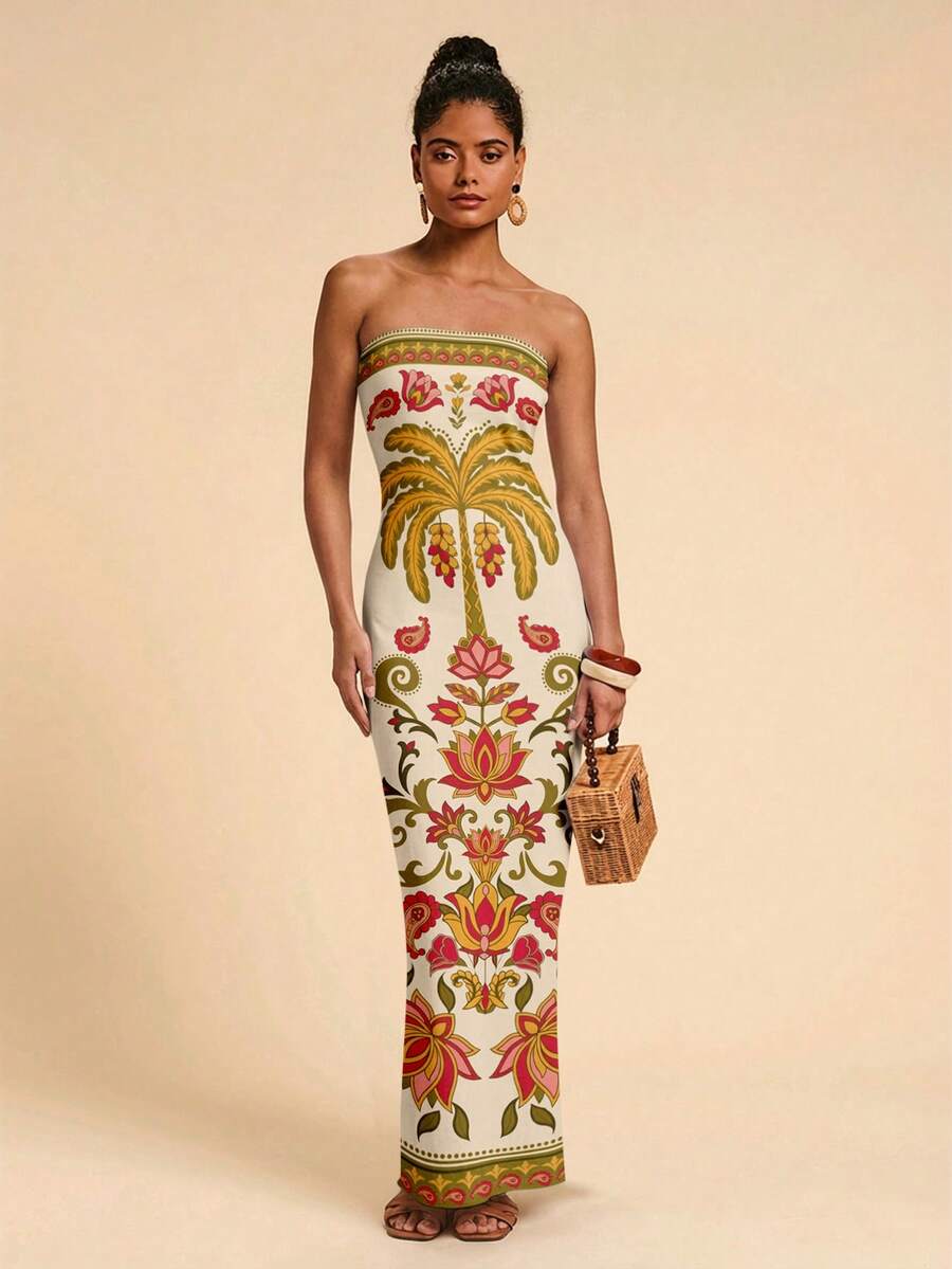 Travachic 休闲简约度假波西米亚风优雅浪漫复古花卉热带印花图案，适合音乐节、海滩装扮、度假装扮、夏季户外女装 - 彩色 - 查看 1