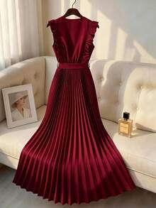 Franclia Elegant Wine Red Sexy Ruffle Sleeve Pleated Round Neck Tie-Up Long Dress, Spring/Summer - Burgundy - View 2