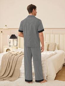 SHEIN Black & White Striped Contrast Trim Short Sleeve & Pants Men's Pajama Set - Black - View 5