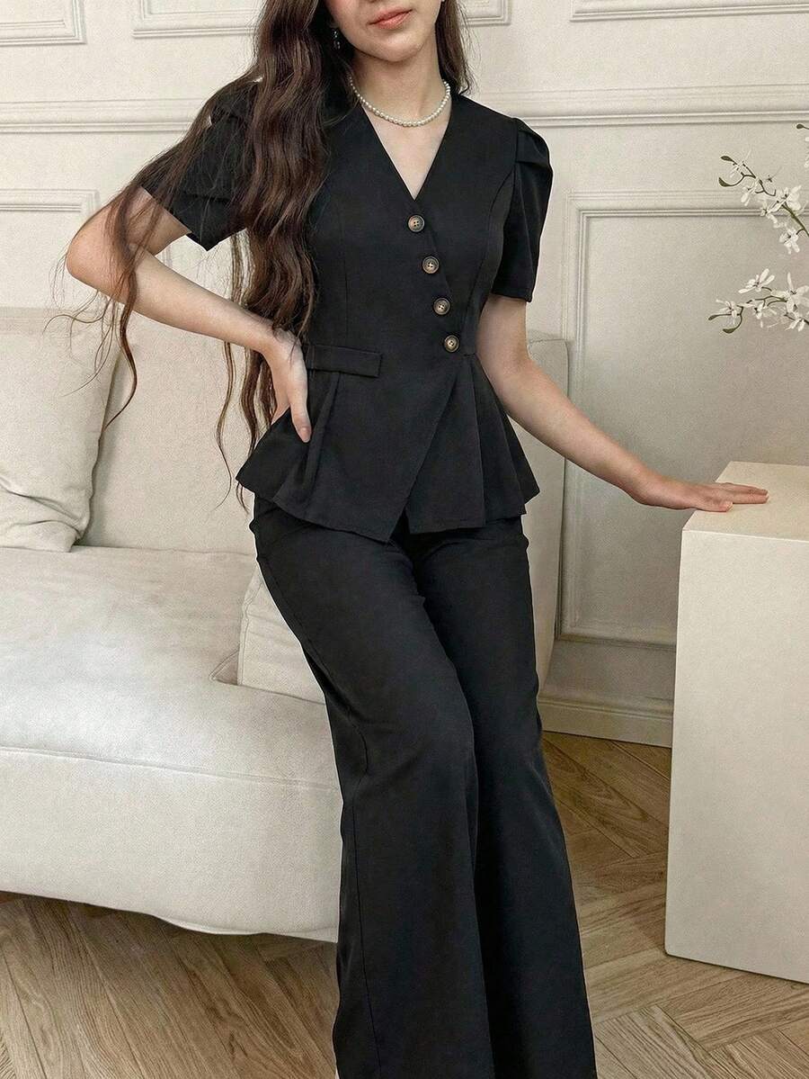 Elladie kids 少女休闲交叉领短袖上衣和裤子套装，夏季 - 黑色 - 查看 1