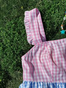 Sweetra Vestido midi de manga corta con parches de cuadros de talla grande y colorido - Multicolor - Ver 4