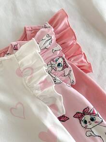 Loomiva 3pcs Baby Girl Cartoon Animal Print Soft Knit Ruffle Collar Sleeveless Romper & Shorts Set - Pink - View 5