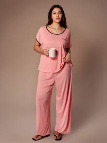 Lazeform Set de pijamale tricotate, casual, fără spate, minimalist, sexy, cu mânecă scurtă, mărime plus, poate fi purtat ca îmbrăcăminte exterioară - Roz - Vizualizare 6